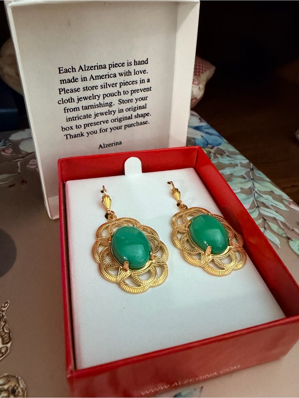 Alzi by alzerina Filigree Earrings with Green Stone